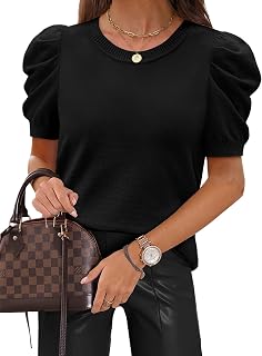 Short Puff Sleeve Sweaters for Women Knit Tops 2026 Trendy Crewneck Striped T Shirts Casual Summer Blouses