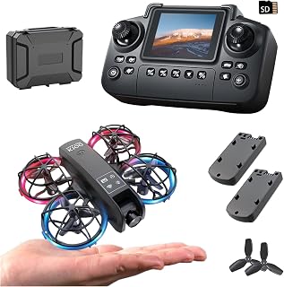 K100 Mini Drone with Screen Controller with SD Card, Two-batteries, Optical Flow Positioning, All-round Protection for Flight Paddles, Suitable for Beginner. (2 batteries - Black)