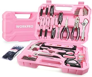 WORKPRO Pink Tool Set, 258 PCS Tool Kit for Women, Basic Household Case with Hammer, Screwdriver Set, Portable for Home Repair, New Apartment, House-Warming, DIY - Pink Ribbon