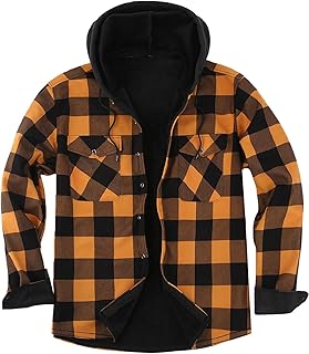 Mens Flannel Plaid Coral Fleece Lined Hooded Shirt Jacket Casual Long Sleeve Button Down Hoodie with Pockets